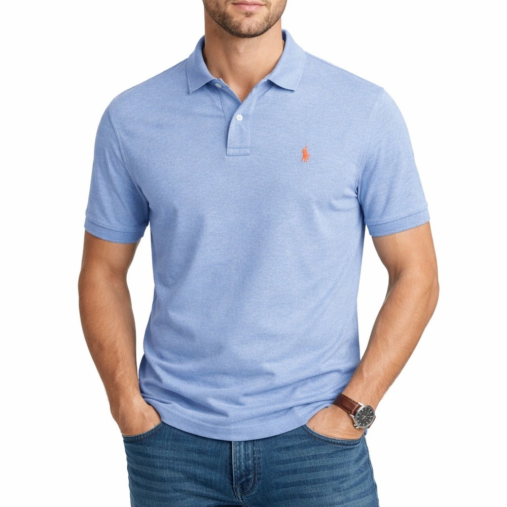 Polo Ralph Lauren Mens XL Light‎ Blue Short Sleeve Cotton Polo Shirt Orange Pony